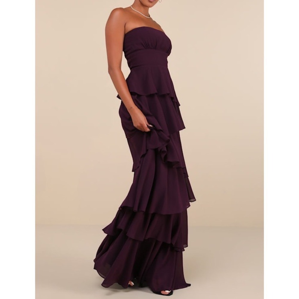 NWT Lulus Gorgeous Essence Dark Purple Strapless Tiered Maxi Dress Small